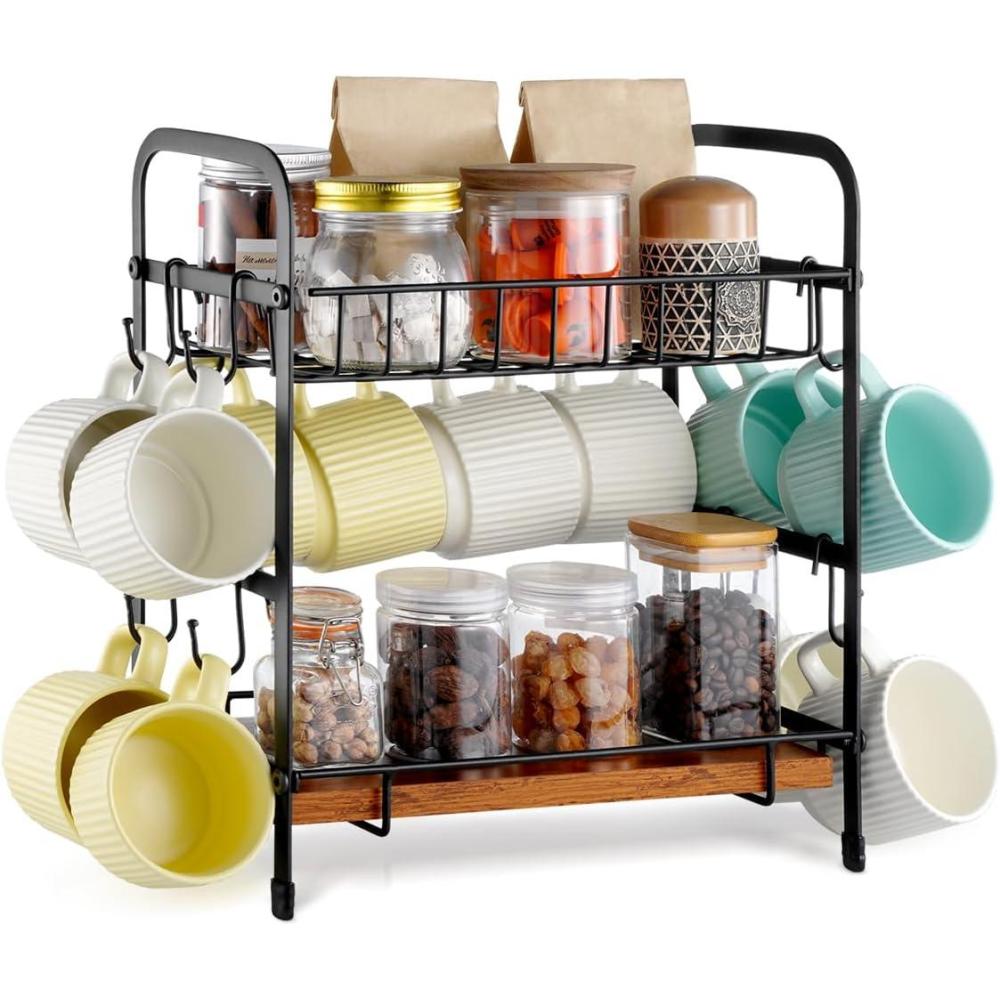 image:imageVEVOR 2 Tier Coffee Bar Organizer for Countertop Multifunctional Mug Holder and Coffee Station 12 Movable Hooks and 2 Shelves for Coffee Accessories Storage and Display Home Office Matte Black12 HooksCountertop