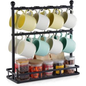 VEVOR 2 Tier Coffee Bar Organizer for Countertop, Multifunctional Mug Holder and Coffee Station, 12 Movable Hooks and 2 Shelves for Coffee Accessories Storage and Display, Home Office (Matte Black)(16 Hooks-Steel Mug)