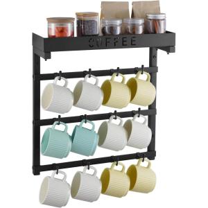 VEVOR 2 Tier Coffee Bar Organizer for Countertop, Multifunctional Mug Holder and Coffee Station, 12 Movable Hooks and 2 Shelves for Coffee Accessories Storage and Display, Home Office (Matte Black)(12 Hooks-Wall Mounted)