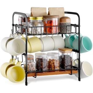 VEVOR 2 Tier Coffee Bar Organizer for Countertop, Multifunctional Mug Holder and Coffee Station, 12 Movable Hooks and 2 Shelves for Coffee Accessories Storage and Display, Home Office (Matte Black)(12 Hooks-Countertop)