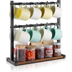 VEVOR 2 Tier Coffee Bar Organizer for Countertop, Multifunctional Mug Holder and Coffee Station, 12 Movable Hooks and 2 Shelves for Coffee Accessories Storage and Display, Home Office (Matte Black)(16 Hooks-Wood Mug)