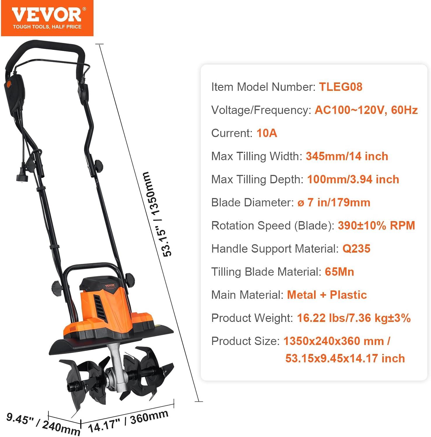 image:imageVEVOR 10 Amp Electric Tiller 14 Tilling Width 394 Tilling Depth Corded Electric TillerCultivator Steel Mn Tines Rototiller for Garden Lawn Soil Digging10 Amp 14 width