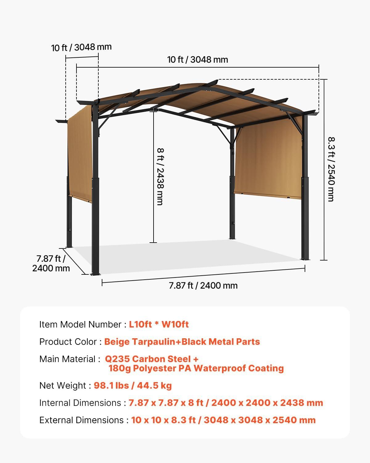 image:imageVEVOR 10 x 10 ft Outdoor Pergola Arched Top Metal Pergola Retractable Pergola with Sun Shade Canopy Large Patio Shelter Pavilion Heavy Duty Garden Pergola for Deck Backyard Porch Poolside10 x 10 ft