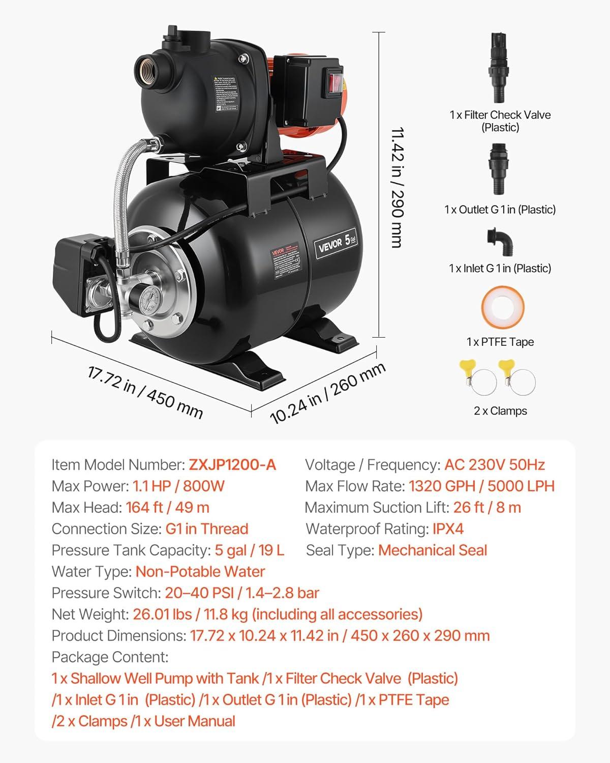 image:imageVEVOR 11 HP Shallow Well Pump with Pressure Tank 120V 1320 GPH Plastic Irrigation Jet Pump with 5Gal Tank Automatic Water Booster Transfer System 2040 PSI Pressure Switch for Home Garden Lawn