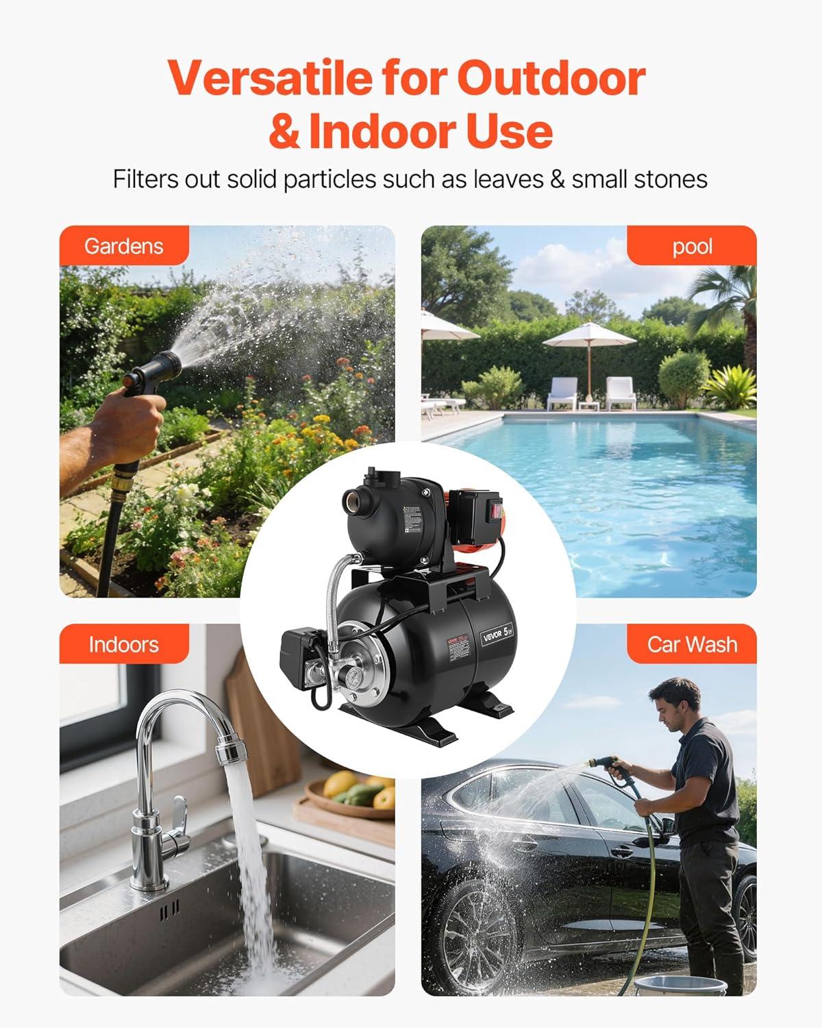 image:imageVEVOR 11 HP Shallow Well Pump with Pressure Tank 120V 1320 GPH Plastic Irrigation Jet Pump with 5Gal Tank Automatic Water Booster Transfer System 2040 PSI Pressure Switch for Home Garden Lawn
