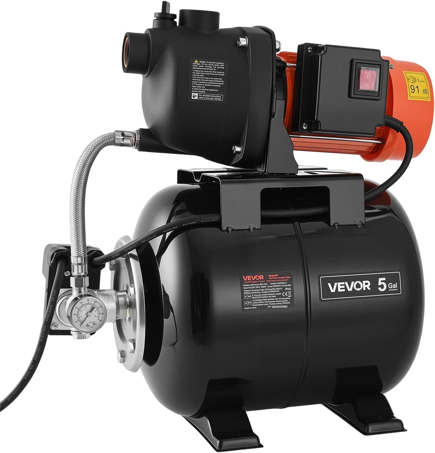 image:imageVEVOR 11 HP Shallow Well Pump with Pressure Tank 120V 1320 GPH Plastic Irrigation Jet Pump with 5Gal Tank Automatic Water Booster Transfer System 2040 PSI Pressure Switch for Home Garden Lawn
