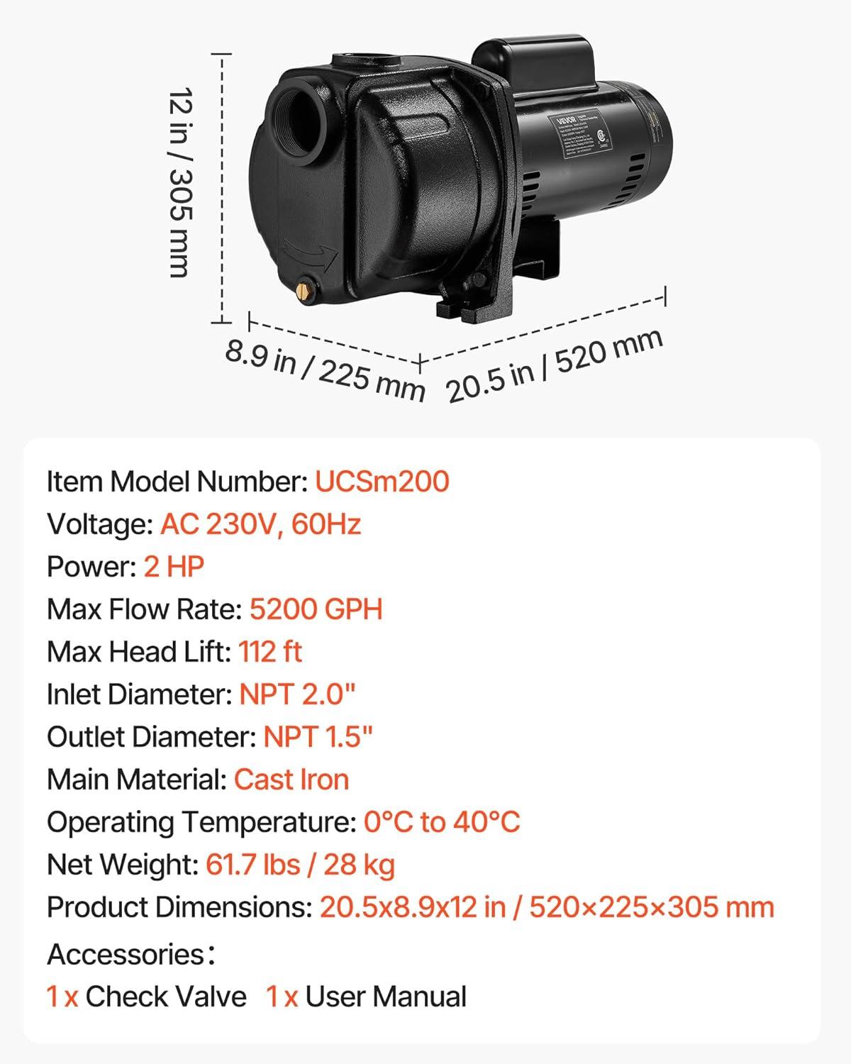 image:imageVEVOR 2 HP Shallow Well Jet Pump 230 Volt 5200 GPH Cast Iron Well Jet Pump with 112 ft Max Head Lift Check Valve Thermal Protection Automatic OnOff for Garden Irrigation Lawn Sprinkler System2 HP