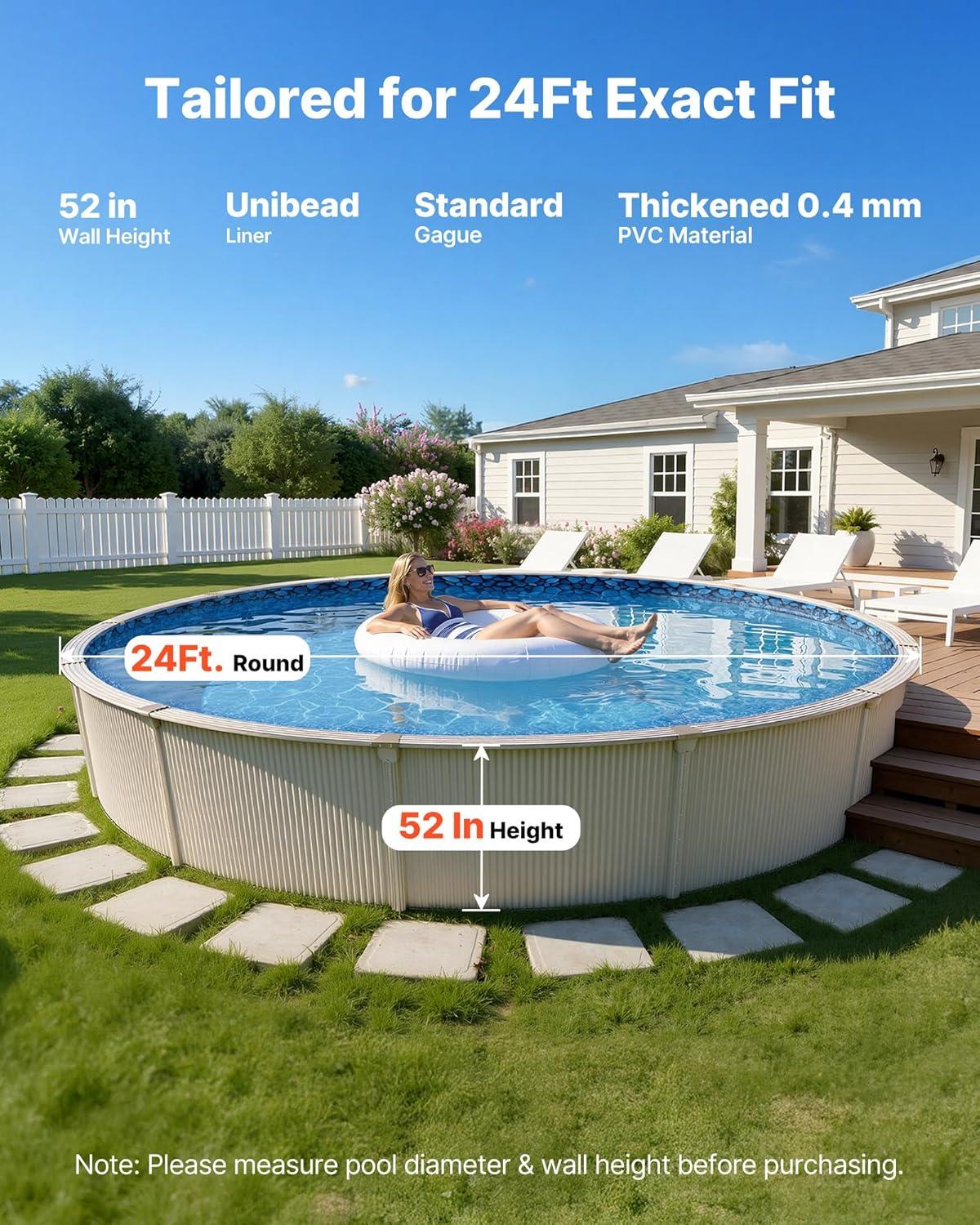 image:imageVEVOR 24ft Round Above Ground Pool Liner Unibead Pool Liners Standard Gauge 52inch Wall Height Designed for Steel Sided AboveGround Swimming PoolsRound