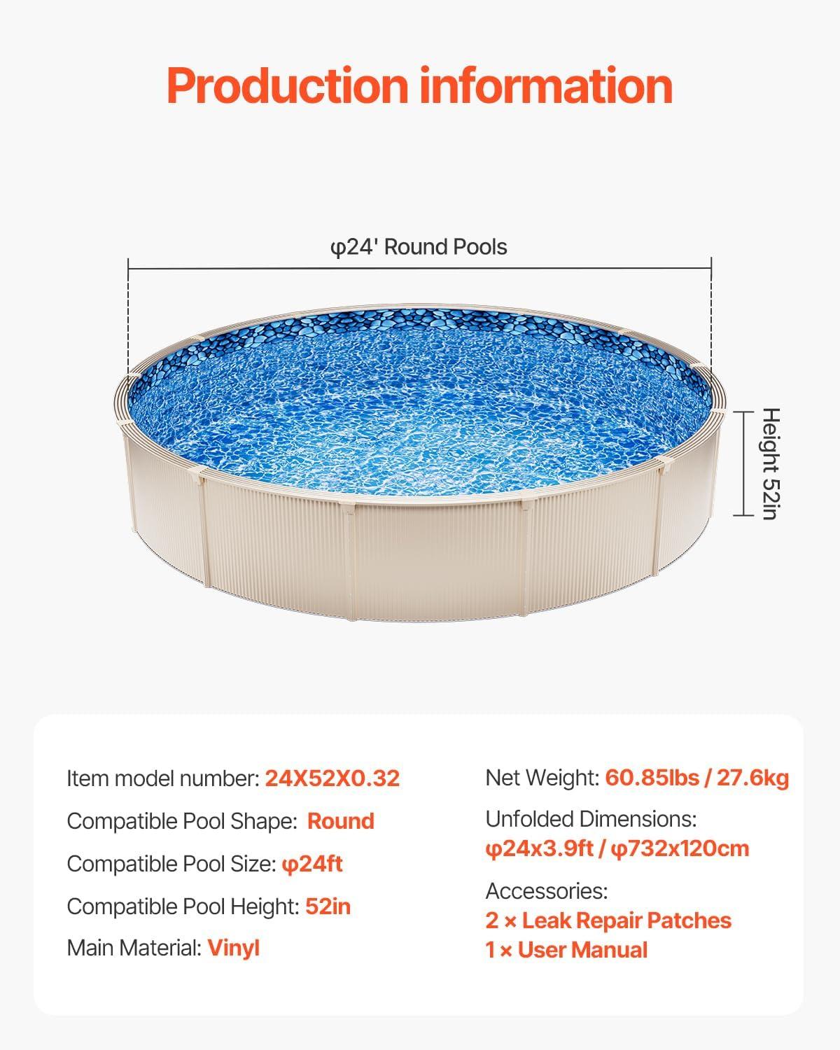 image:imageVEVOR 24ft Round Above Ground Pool Liner Unibead Pool Liners Standard Gauge 52inch Wall Height Designed for Steel Sided AboveGround Swimming PoolsRound