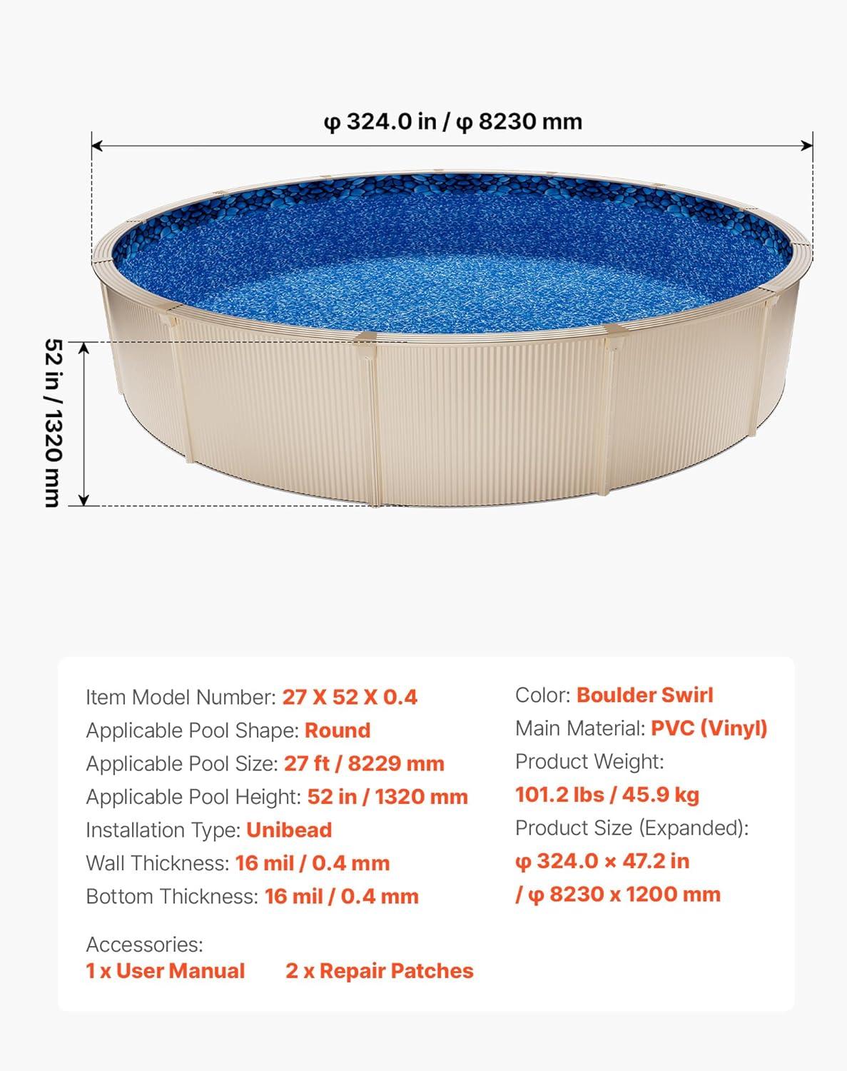 image:imageVEVOR 24ft Round Above Ground Pool Liner Unibead Pool Liners Standard Gauge 52inch Wall Height Designed for Steel Sided AboveGround Swimming PoolsRound