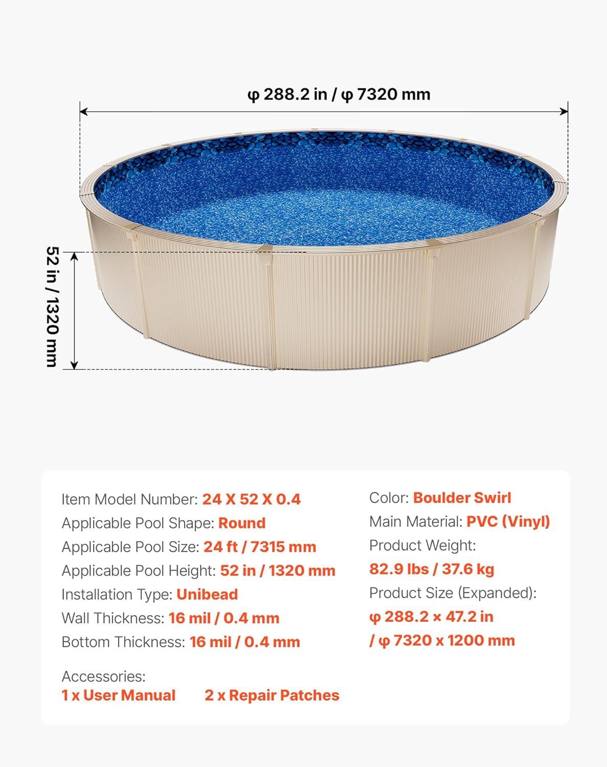 image:imageVEVOR 24ft Round Above Ground Pool Liner Unibead Pool Liners Standard Gauge 52inch Wall Height Designed for Steel Sided AboveGround Swimming PoolsRound