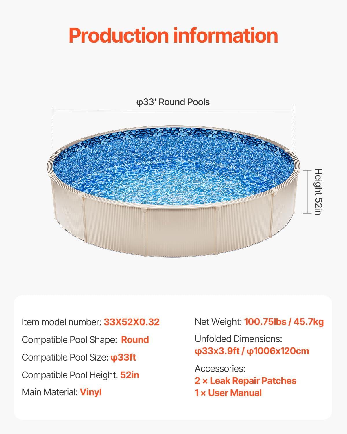 image:imageVEVOR 24ft Round Above Ground Pool Liner Unibead Pool Liners Standard Gauge 52inch Wall Height Designed for Steel Sided AboveGround Swimming PoolsRound