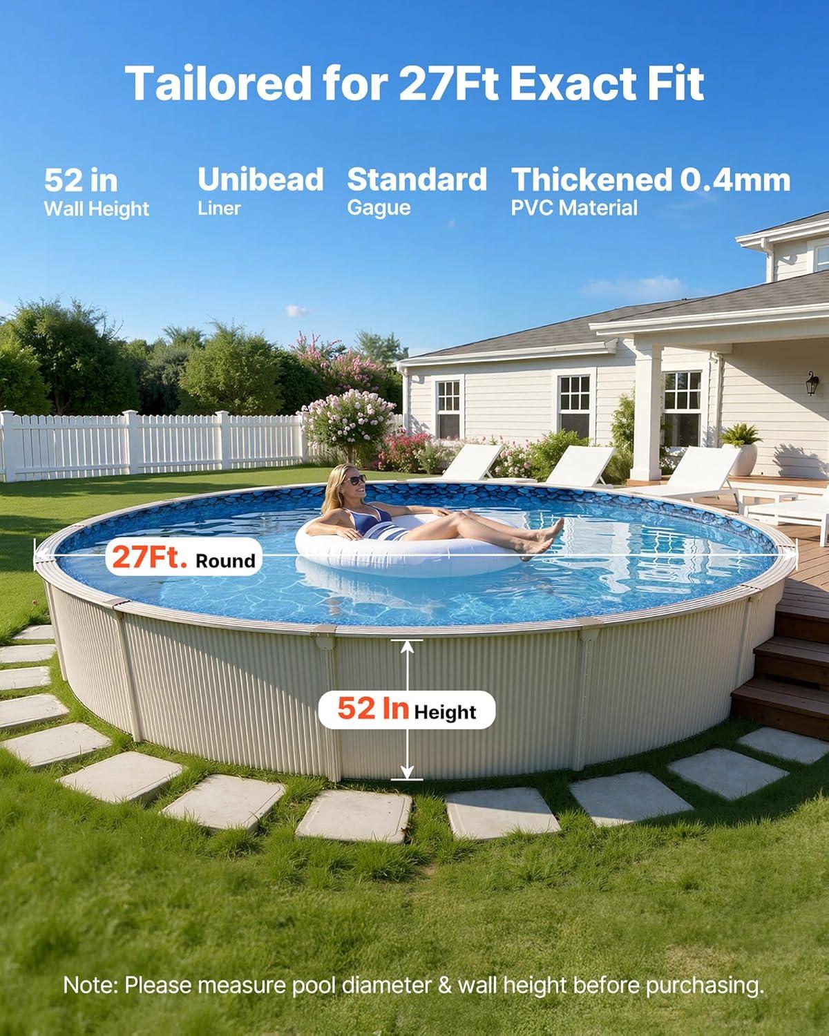 image:imageVEVOR 24ft Round Above Ground Pool Liner Unibead Pool Liners Standard Gauge 52inch Wall Height Designed for Steel Sided AboveGround Swimming PoolsRound
