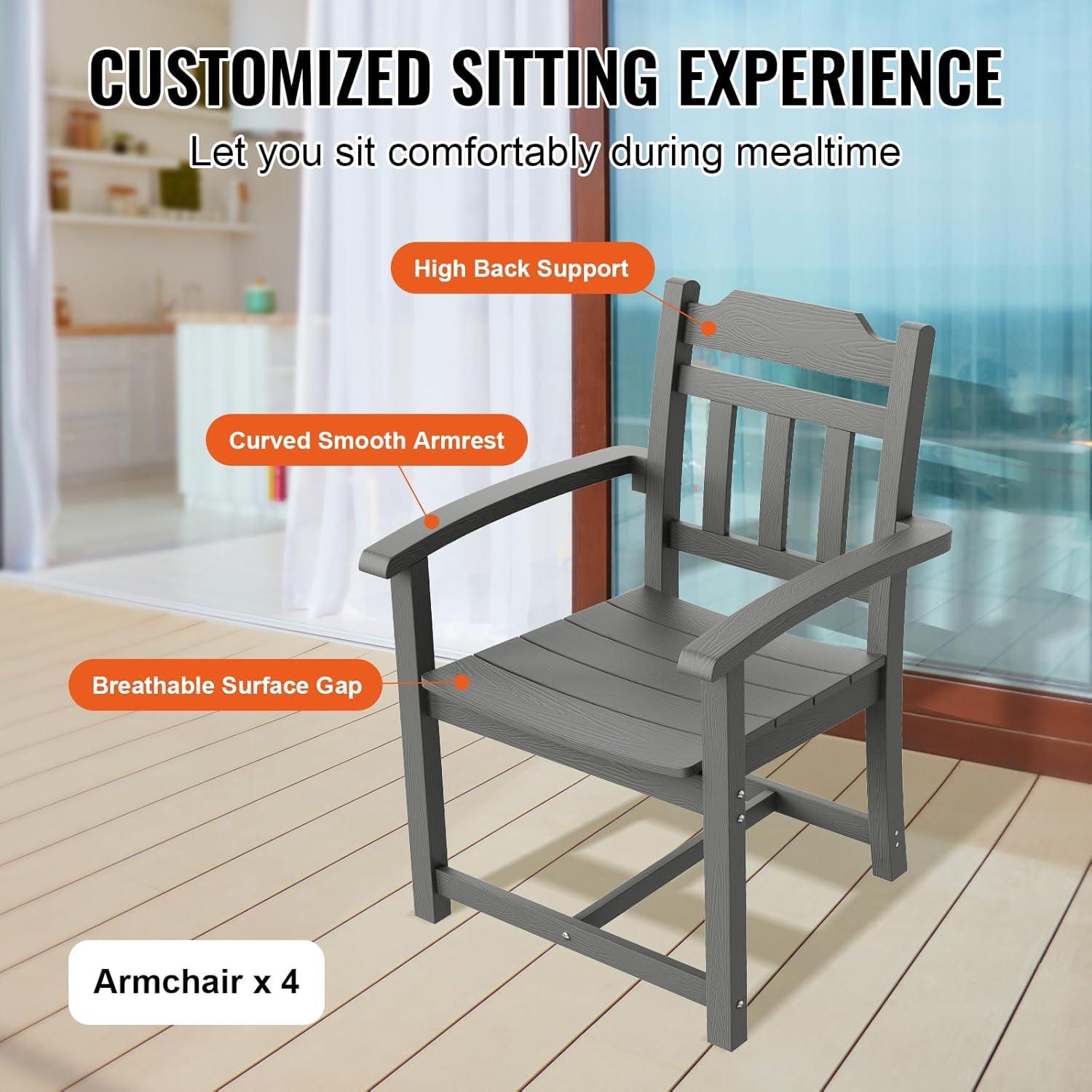 image:imageVEVOR 5 Pieces Patio Dining Set Outdoor Square Furniture Table and Chairs All Weather Garden Furniture Table Sets HIPS Small Patio Conversation Set for Lawn Deck Backyard Poolside Light Gray