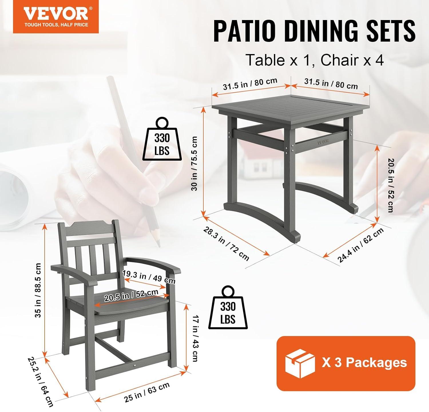 image:imageVEVOR 5 Pieces Patio Dining Set Outdoor Square Furniture Table and Chairs All Weather Garden Furniture Table Sets HIPS Small Patio Conversation Set for Lawn Deck Backyard Poolside Light Gray