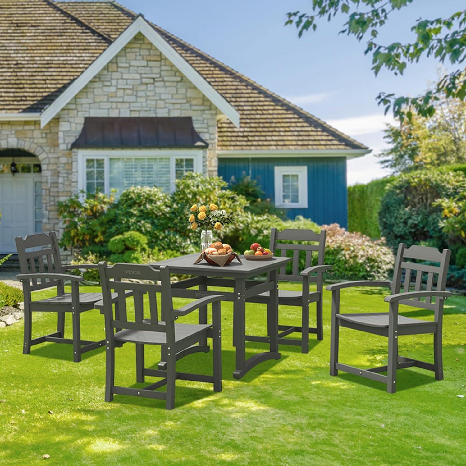 image:imageVEVOR 5 Pieces Patio Dining Set Outdoor Square Furniture Table and Chairs All Weather Garden Furniture Table Sets HIPS Small Patio Conversation Set for Lawn Deck Backyard Poolside Light Gray