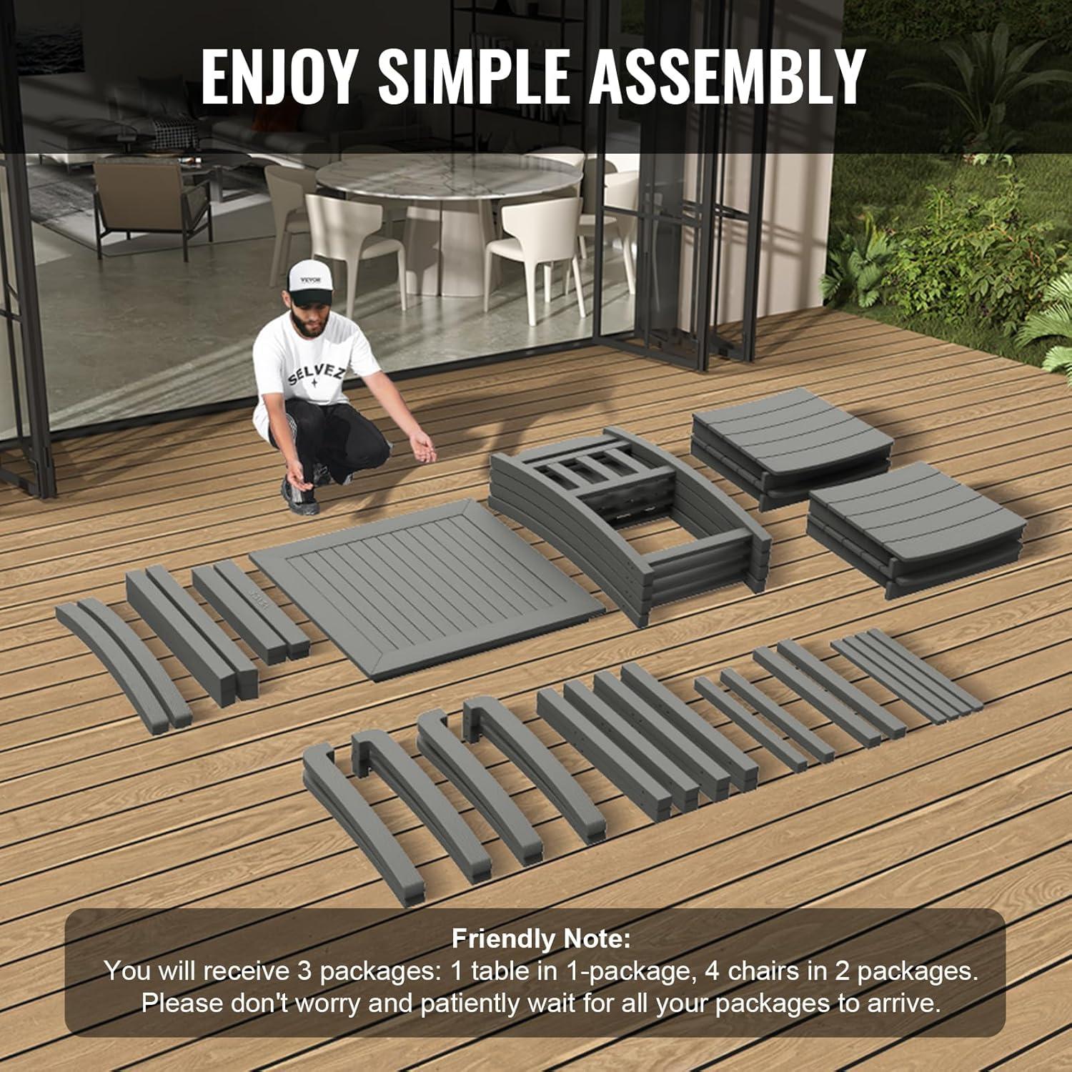 image:imageVEVOR 5 Pieces Patio Dining Set Outdoor Square Furniture Table and Chairs All Weather Garden Furniture Table Sets HIPS Small Patio Conversation Set for Lawn Deck Backyard Poolside Light Gray