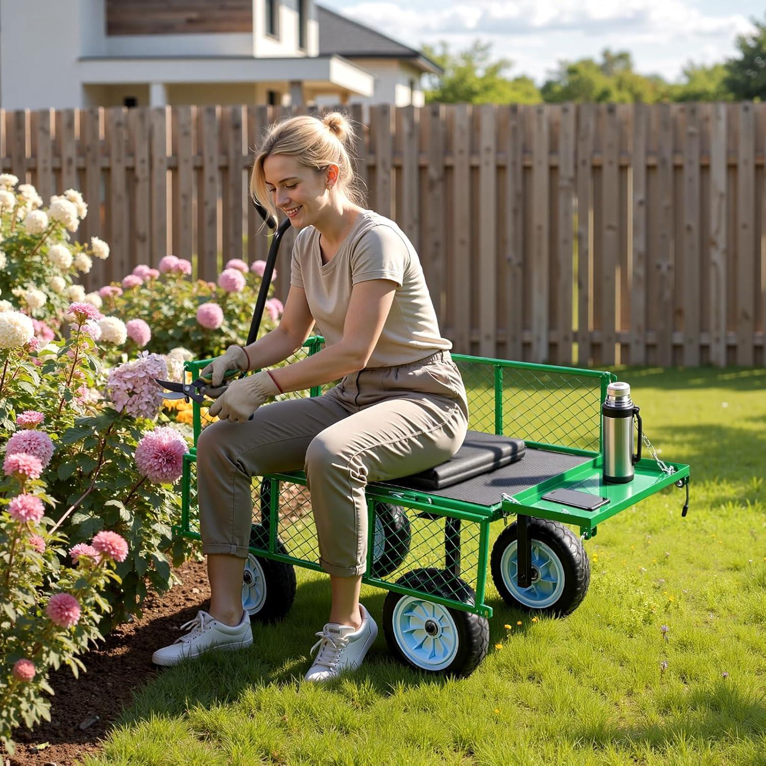 image:imageVEVOR 500 LBS Steel Garden Cart with Work Seat Heavy Duty Garden Wagon Cart on Wheels Outdoor Metal Utility Yard Wagon Gardening Stool with 10inch Flat Free Tires Tool Tray amp Adjustable HandleGreen