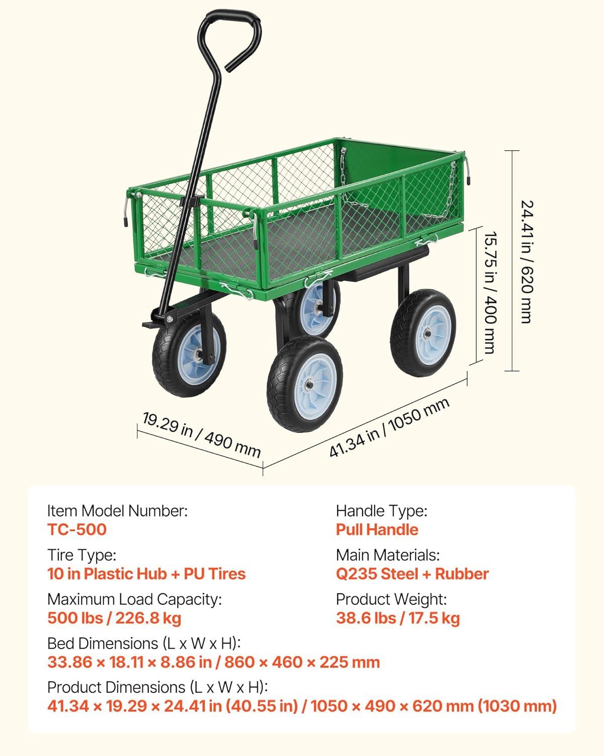 image:imageVEVOR 500 LBS Steel Garden Cart with Work Seat Heavy Duty Garden Wagon Cart on Wheels Outdoor Metal Utility Yard Wagon Gardening Stool with 10inch Flat Free Tires Tool Tray amp Adjustable HandleGreen
