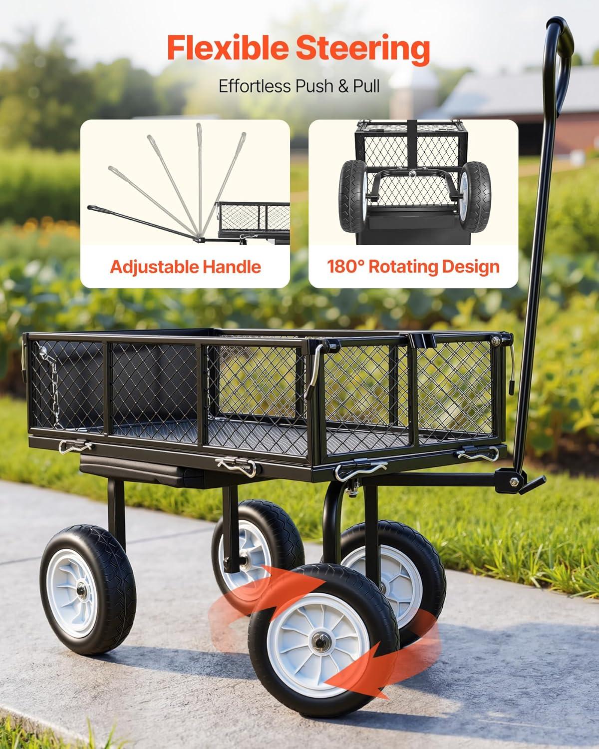 image:imageVEVOR 500 LBS Steel Garden Cart with Work Seat Heavy Duty Garden Wagon Cart on Wheels Outdoor Metal Utility Yard Wagon Gardening Stool with 10inch Flat Free Tires Tool Tray amp Adjustable HandleBlack
