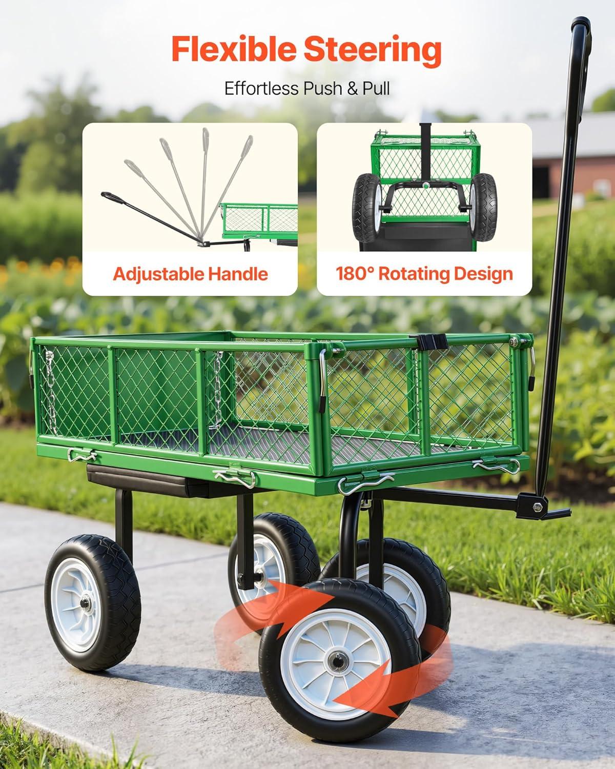 image:imageVEVOR 500 LBS Steel Garden Cart with Work Seat Heavy Duty Garden Wagon Cart on Wheels Outdoor Metal Utility Yard Wagon Gardening Stool with 10inch Flat Free Tires Tool Tray amp Adjustable HandleGreen