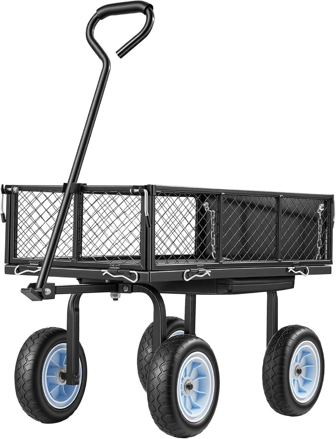 image:imageVEVOR 500 LBS Steel Garden Cart with Work Seat Heavy Duty Garden Wagon Cart on Wheels Outdoor Metal Utility Yard Wagon Gardening Stool with 10inch Flat Free Tires Tool Tray amp Adjustable HandleBlack