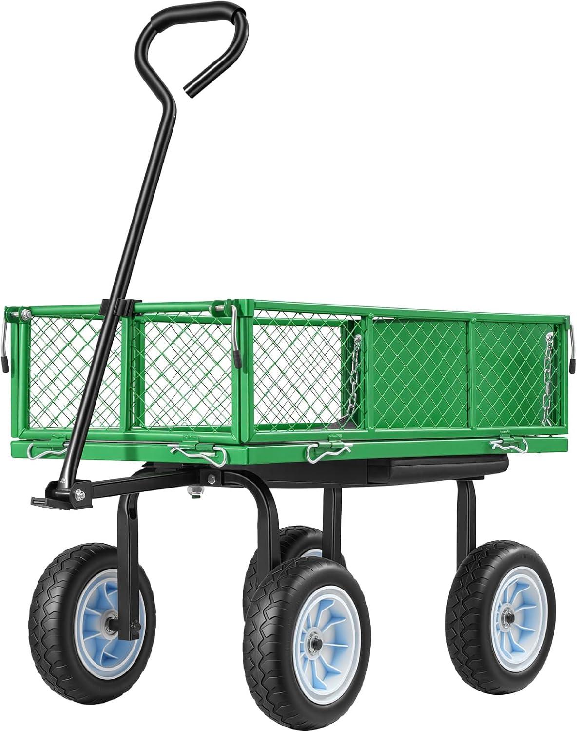 image:imageVEVOR 500 LBS Steel Garden Cart with Work Seat Heavy Duty Garden Wagon Cart on Wheels Outdoor Metal Utility Yard Wagon Gardening Stool with 10inch Flat Free Tires Tool Tray amp Adjustable HandleGreen