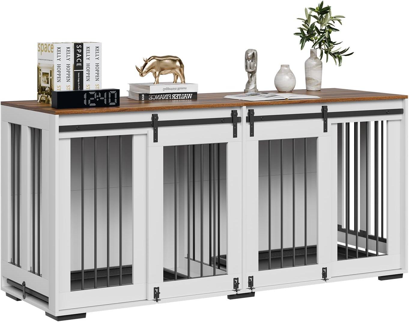 image:imageVEVOR 72Dog Crate Furniture for 2 DogsDouble Dog Crate Furniture with Double Sliding DoorsLarge Dog Crate TV Stand with Removable TraySteel Frame Double Dog Crate for SmallMediumLarge Dogs White709L x 236W x 339H