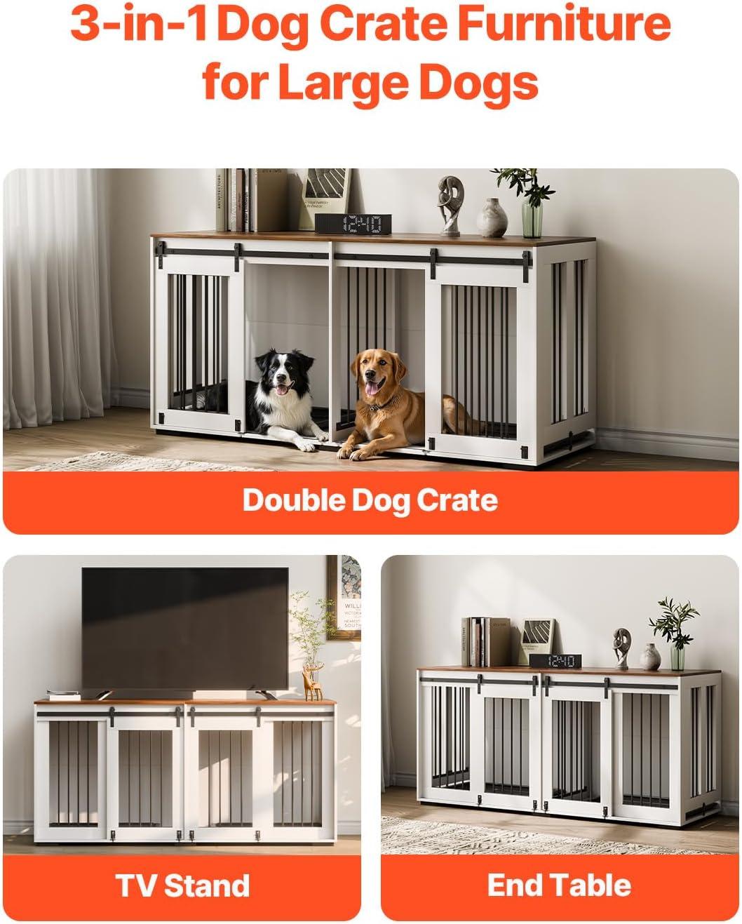 image:imageVEVOR 72Dog Crate Furniture for 2 DogsDouble Dog Crate Furniture with Double Sliding DoorsLarge Dog Crate TV Stand with Removable TraySteel Frame Double Dog Crate for SmallMediumLarge Dogs White709L x 236W x 339H