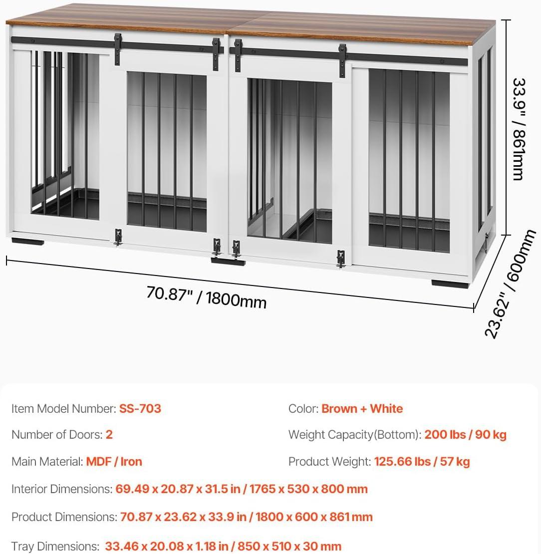 image:imageVEVOR 72Dog Crate Furniture for 2 DogsDouble Dog Crate Furniture with Double Sliding DoorsLarge Dog Crate TV Stand with Removable TraySteel Frame Double Dog Crate for SmallMediumLarge Dogs White709L x 236W x 339H