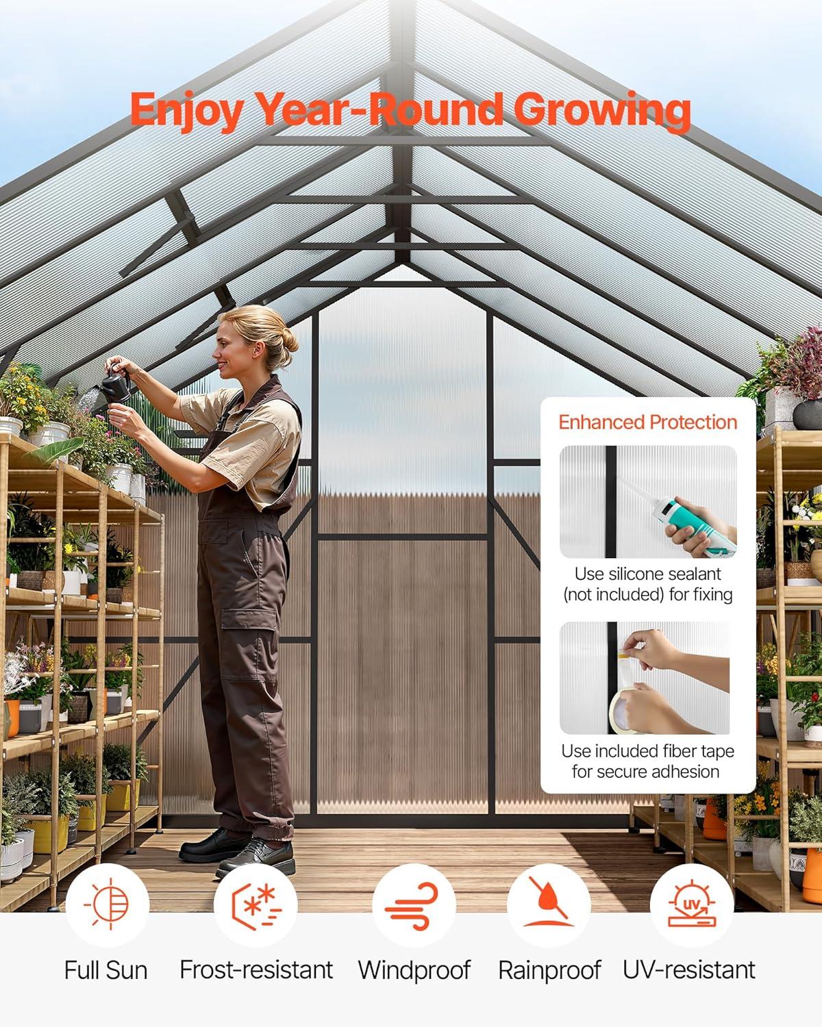 image:imageVEVOR 8 x 10 FT Polycarbonate Greenhouse Heavy Duty Outdoor Green House with Adjustable Vents amp PushPull Lockable Door Quick Setup Aluminum Frame Walkin Greenhouse Sunroom for Outside Garden Lawn