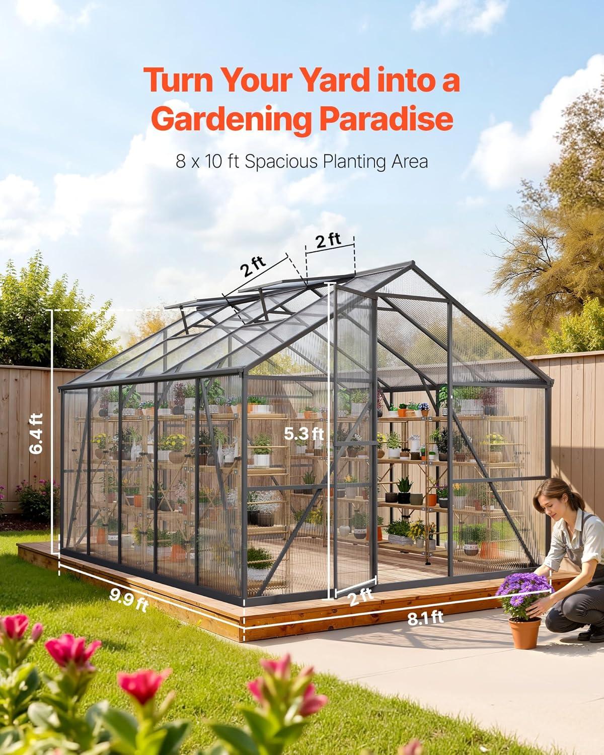 image:imageVEVOR 8 x 10 FT Polycarbonate Greenhouse Heavy Duty Outdoor Green House with Adjustable Vents amp PushPull Lockable Door Quick Setup Aluminum Frame Walkin Greenhouse Sunroom for Outside Garden Lawn