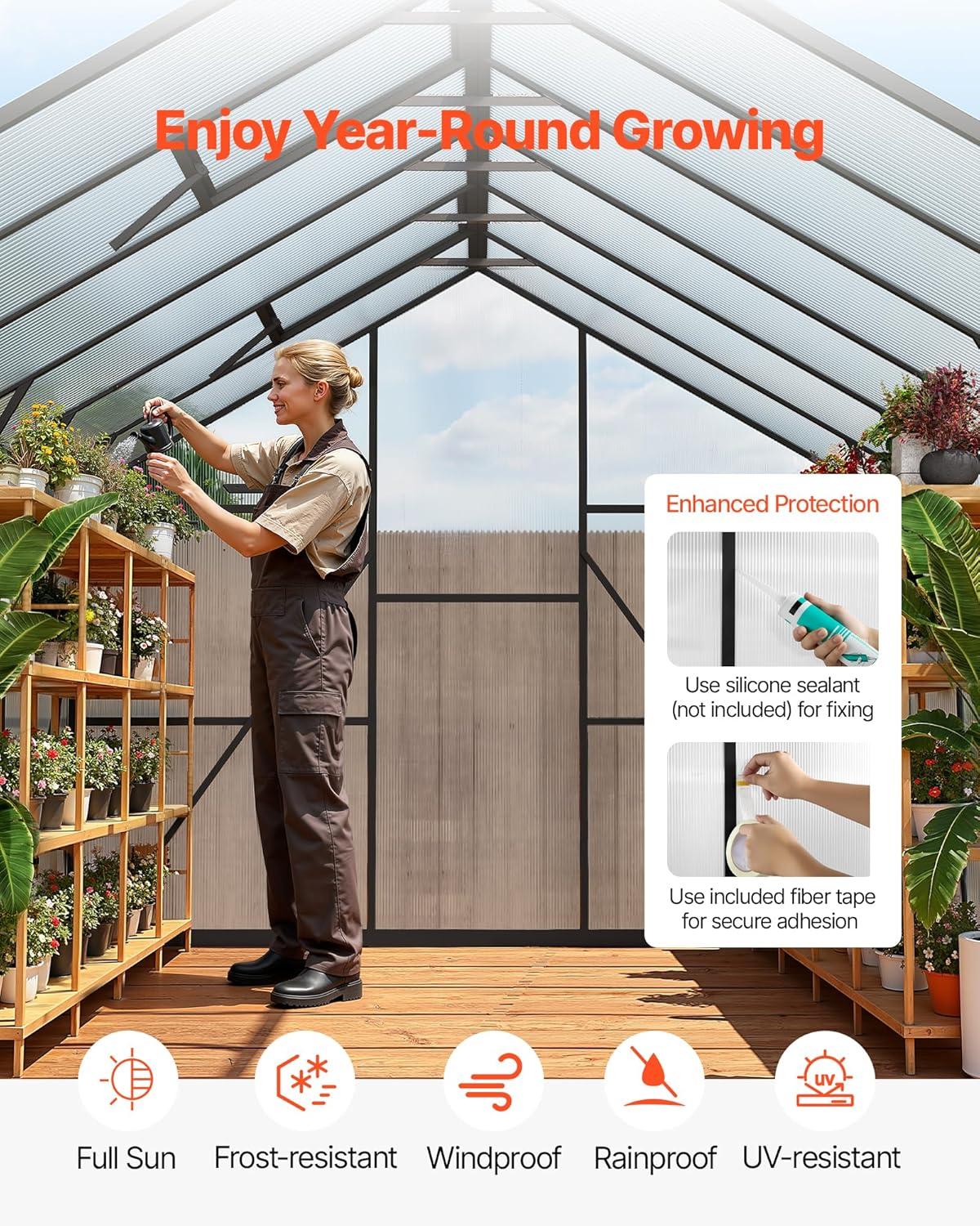 image:imageVEVOR 8 x 12 FT Polycarbonate Greenhouse Heavy Duty Outdoor Green House with Adjustable Vent amp PushPull Lockable Door Quick Setup Aluminum Frame Walkin Greenhouse Sunroom for Outside Garden Lawn