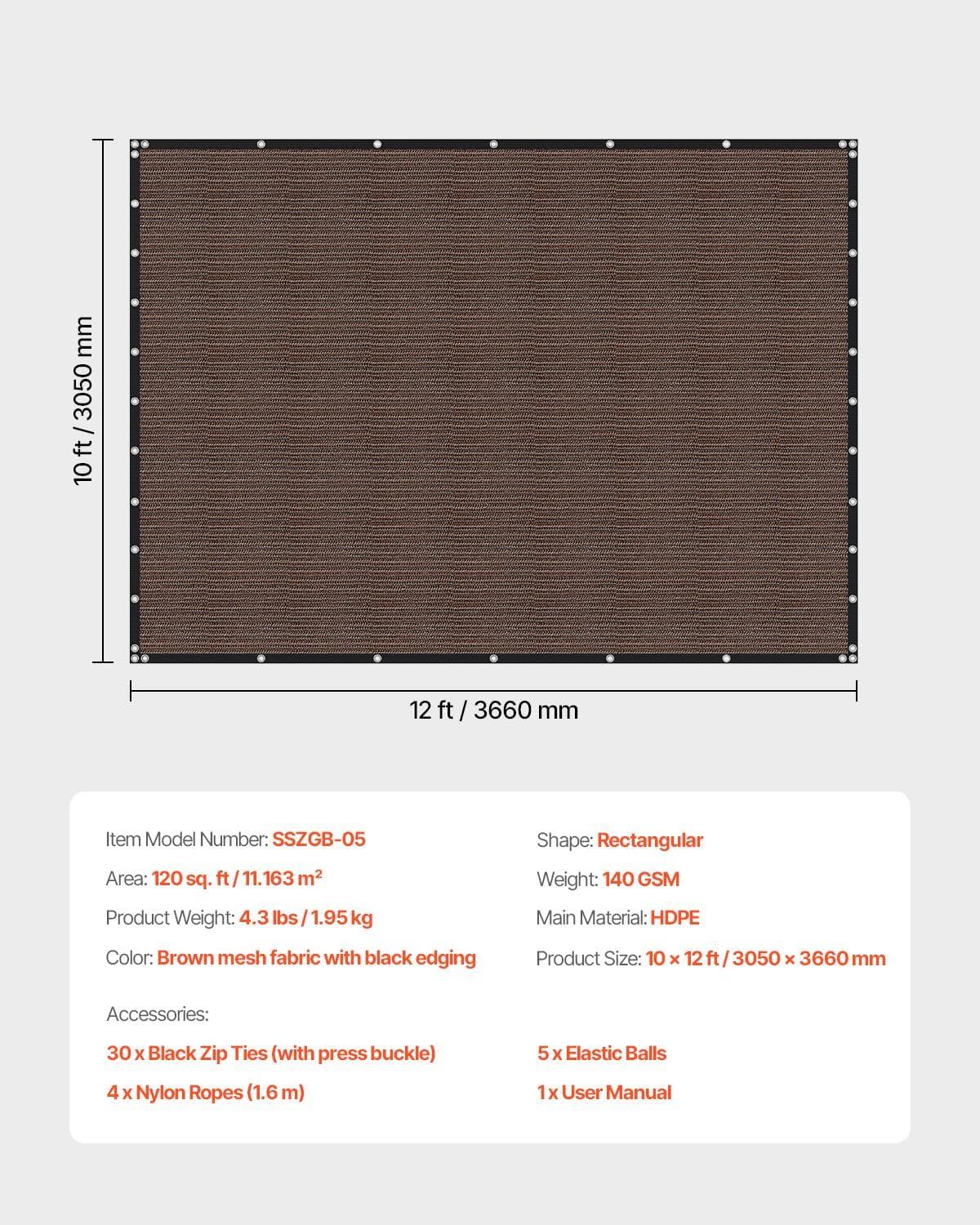 image:imageVEVOR 90 Sun Shade Cloth 10 x 12 ft Pergola Shade Cover with Stainless Steel Grommets Sun Shades Canopy Privacy Screen with 140 GSM HDPE Material for Outdoor Patio Garden and Backyard Brown10 x 12 ft Brown