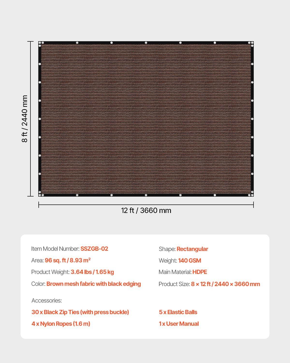 image:imageVEVOR 90 Sun Shade Cloth 10 x 12 ft Pergola Shade Cover with Stainless Steel Grommets Sun Shades Canopy Privacy Screen with 140 GSM HDPE Material for Outdoor Patio Garden and Backyard Brown8 x 12 ft Brown