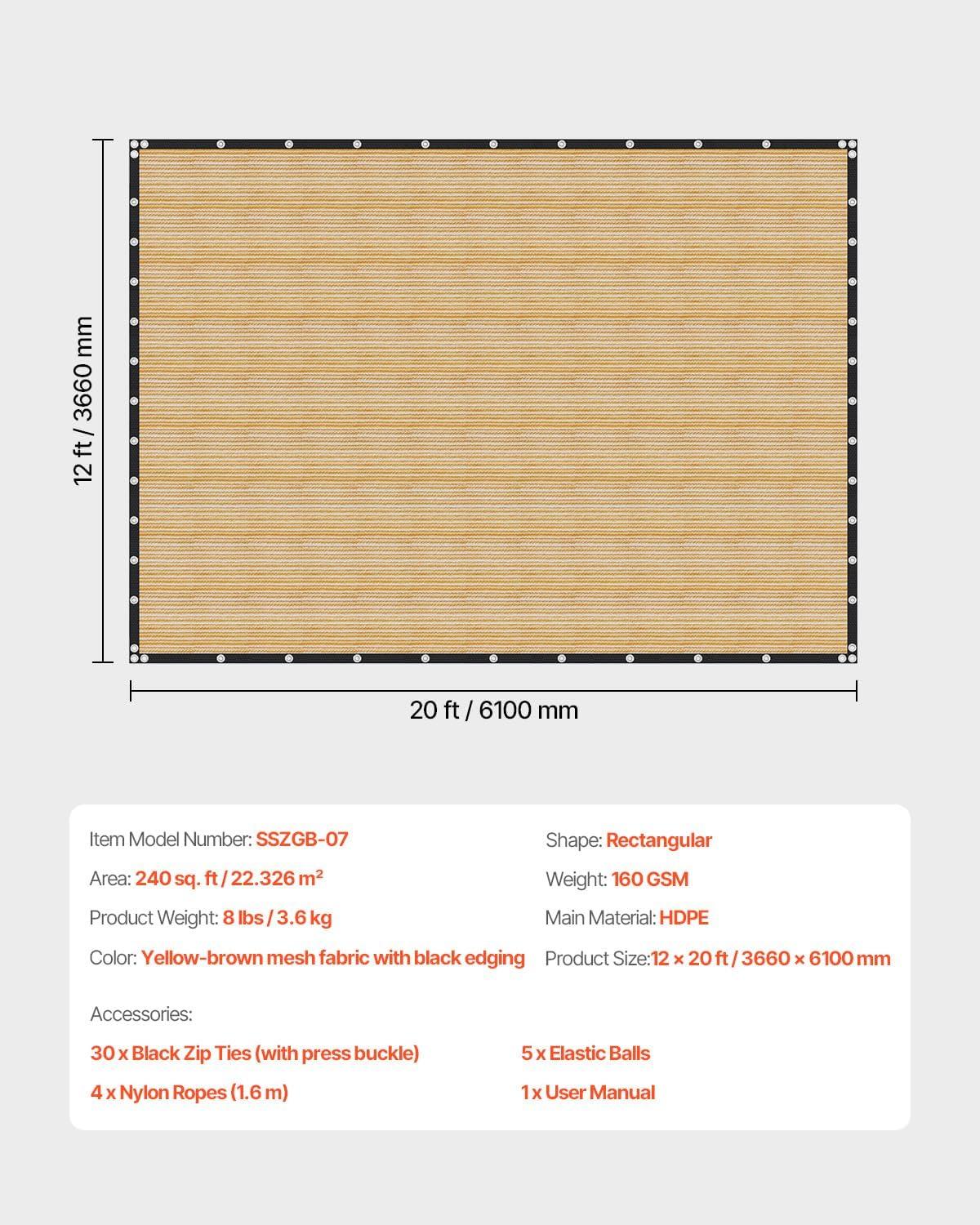 image:imageVEVOR 90 Sun Shade Cloth 10 x 12 ft Pergola Shade Cover with Stainless Steel Grommets Sun Shades Canopy Privacy Screen with 140 GSM HDPE Material for Outdoor Patio Garden and Backyard Brown12 x 20 ft Beige