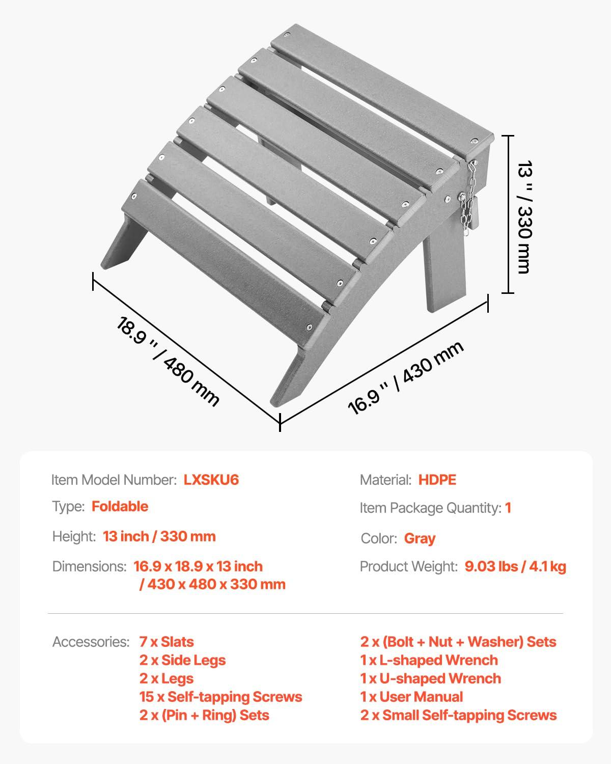image:imageVEVOR Adirondack Ottoman 187L x 189W x 138H Inch HDPE Plastic Folding Adirondack Ottoman WeatherResistant Foot Rest for Adirondack Chair Widely Used for Outside Porch Pool Lawn Backyard BlueGray