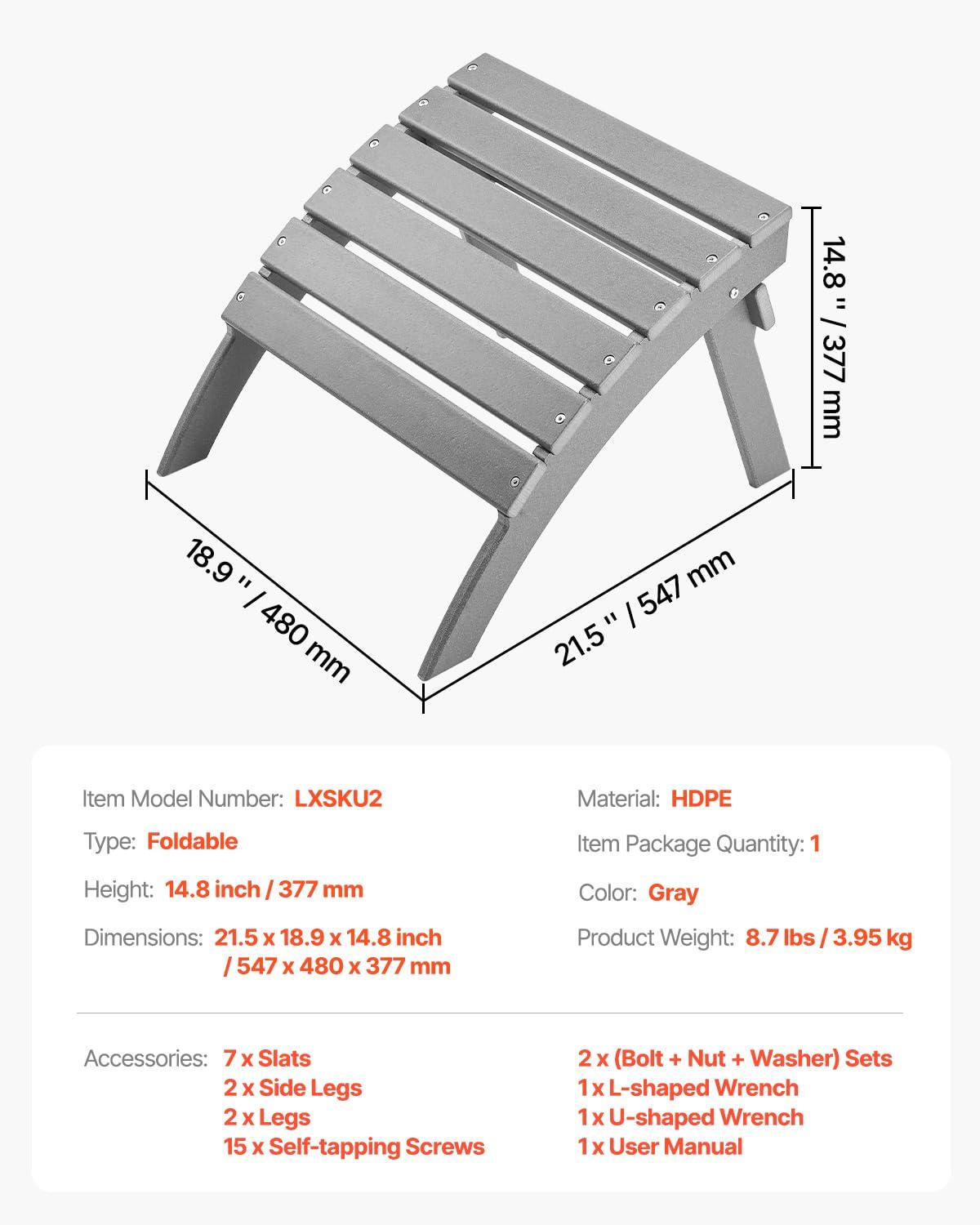 image:imageVEVOR Adirondack Ottoman 187L x 189W x 138H Inch HDPE Plastic Folding Adirondack Ottoman WeatherResistant Foot Rest for Adirondack Chair Widely Used for Outside Porch Pool Lawn Backyard BlueGray