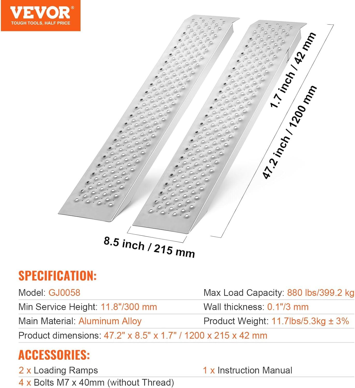 image:imageVEVOR Aluminum Ramps 880 LBS Capacity 472 x 85 Loading Ramps for Motorcycle Dirt Bike Trailer ATV UTV Garden Tractor and Lawn Mower 2PCS880lbs