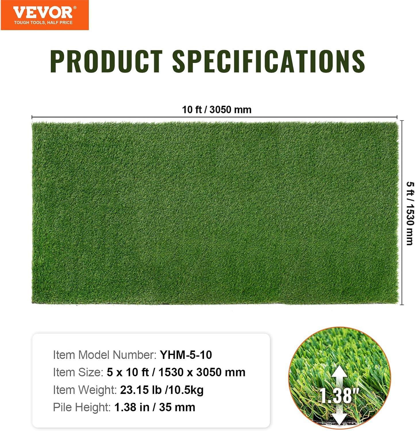 image:imageVEVOR Artifical Grass Turf 5 x 10 ft Thick Grass Rug Indoor Outdoor 138 Realistic Synthetic Grass Mat with Drainage Holes Perfect for Patio Garden Lawn Home Backyard Dog Mats5 x 10 FT