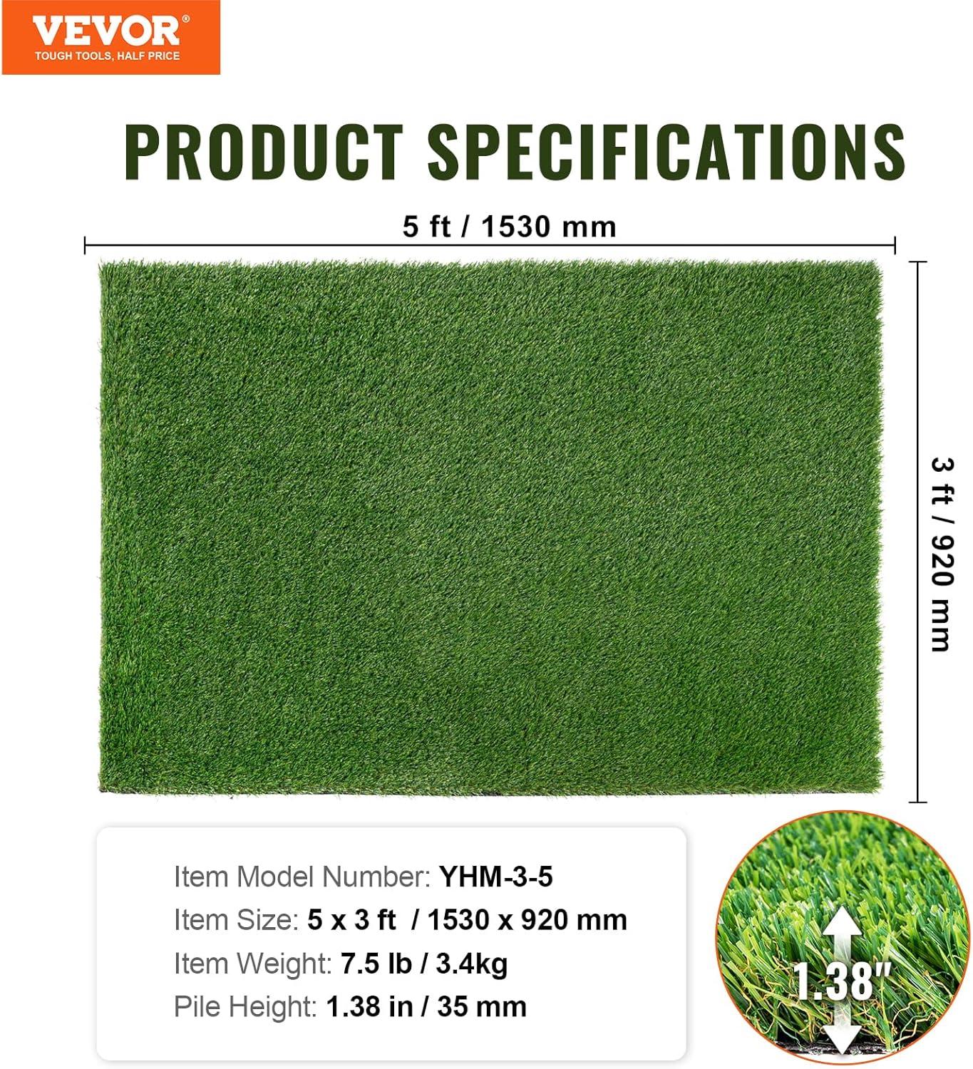 image:imageVEVOR Artifical Grass Turf 5 x 10 ft Thick Grass Rug Indoor Outdoor 138 Realistic Synthetic Grass Mat with Drainage Holes Perfect for Patio Garden Lawn Home Backyard Dog Mats3 x 5 FT