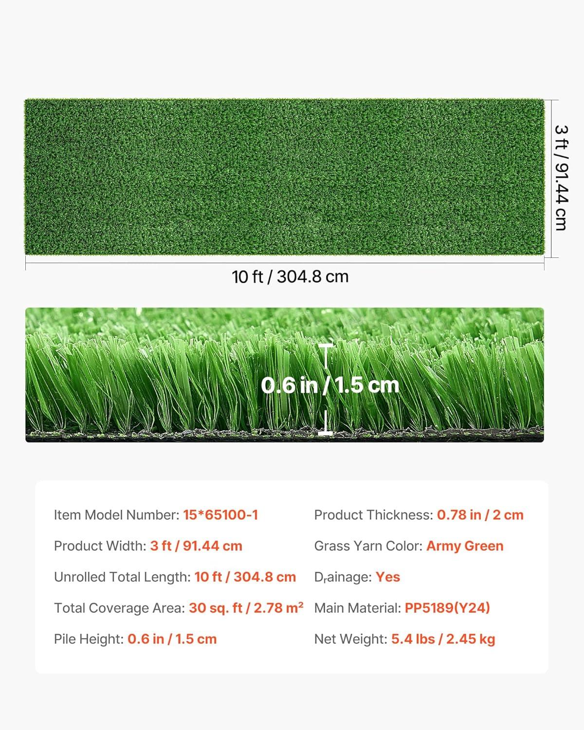 image:imageVEVOR Artificial Grass 10 x 3 ft Fake Grass Turf Rug 06 in Pile Height Realistic Synthetic Lawn Carpet Roll Mat Easy Clean Drainage Holes for Patio Garden Balcony Outdoor Indoor Decor Green