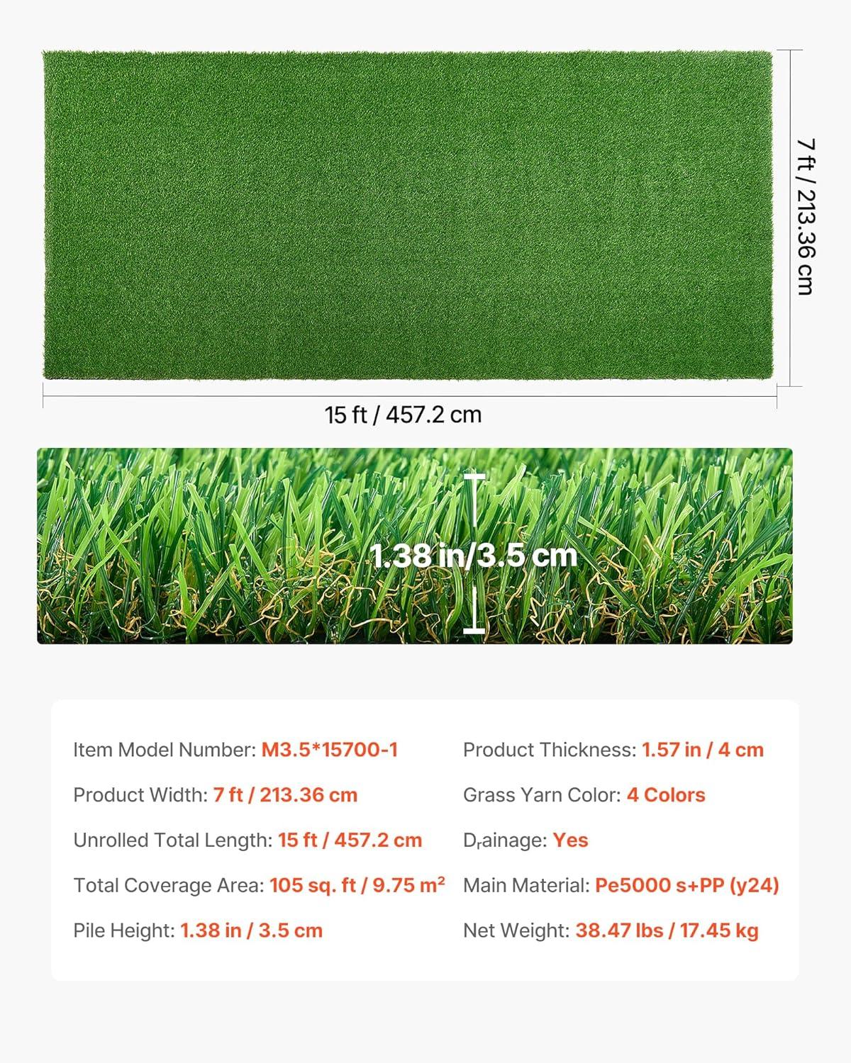 image:imageVEVOR Artificial Grass 15 x 7 ft Fake Grass Turf Rug 138 in Pile Height Realistic Synthetic Lawn Carpet Roll Mat Easy Clean Drainage Holes for Patio Garden Balcony Outdoor Indoor Decor Green