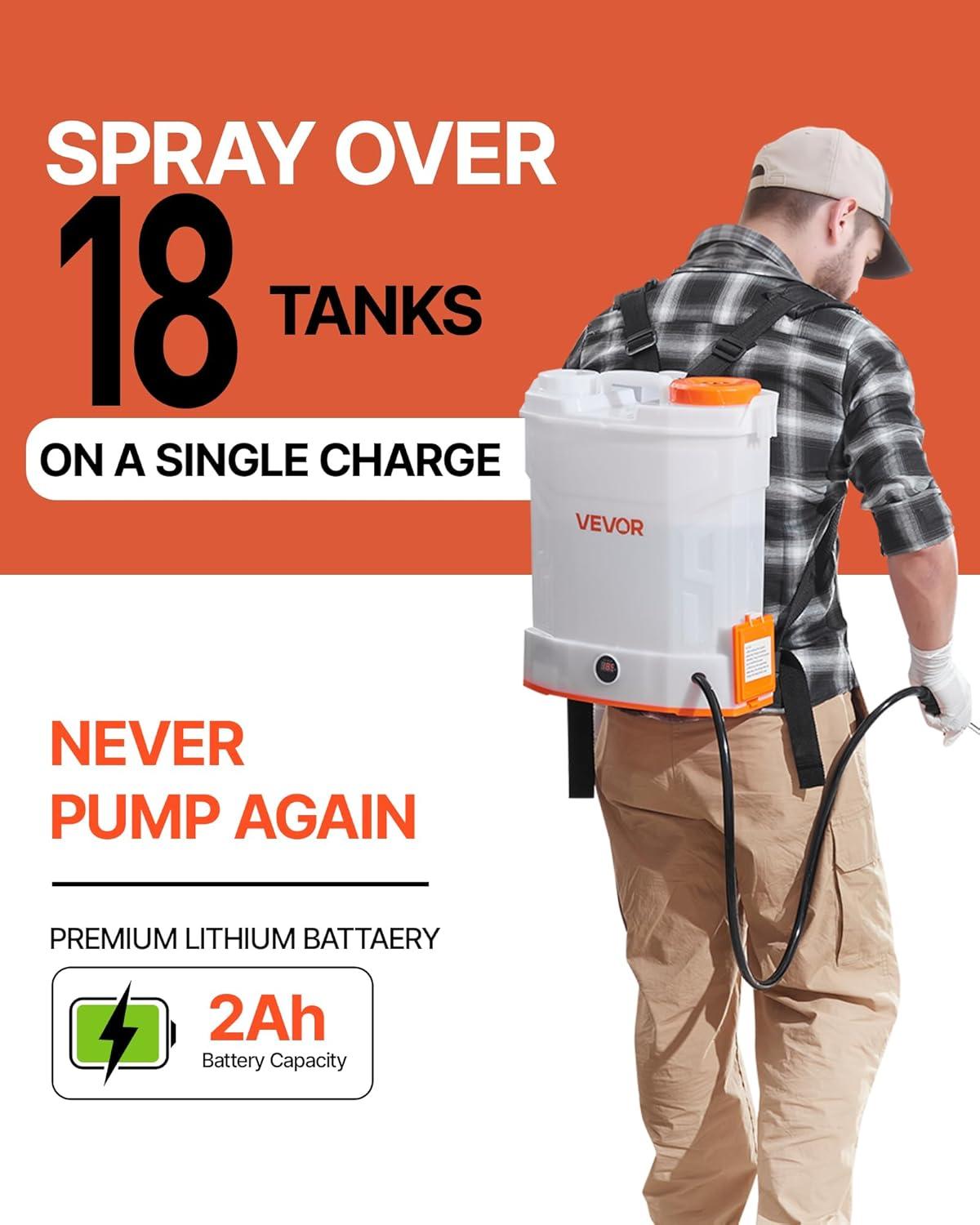 image:imageVEVOR Battery Powered Backpack Sprayer 32 Gal Powerful Electric Backpack Sprayer 2 Retractable Wands amp 5 Nozzles Adjustable 090 PSI 2 Hour Runtime Portable Weed Sprayers for Yard Garden Lawn