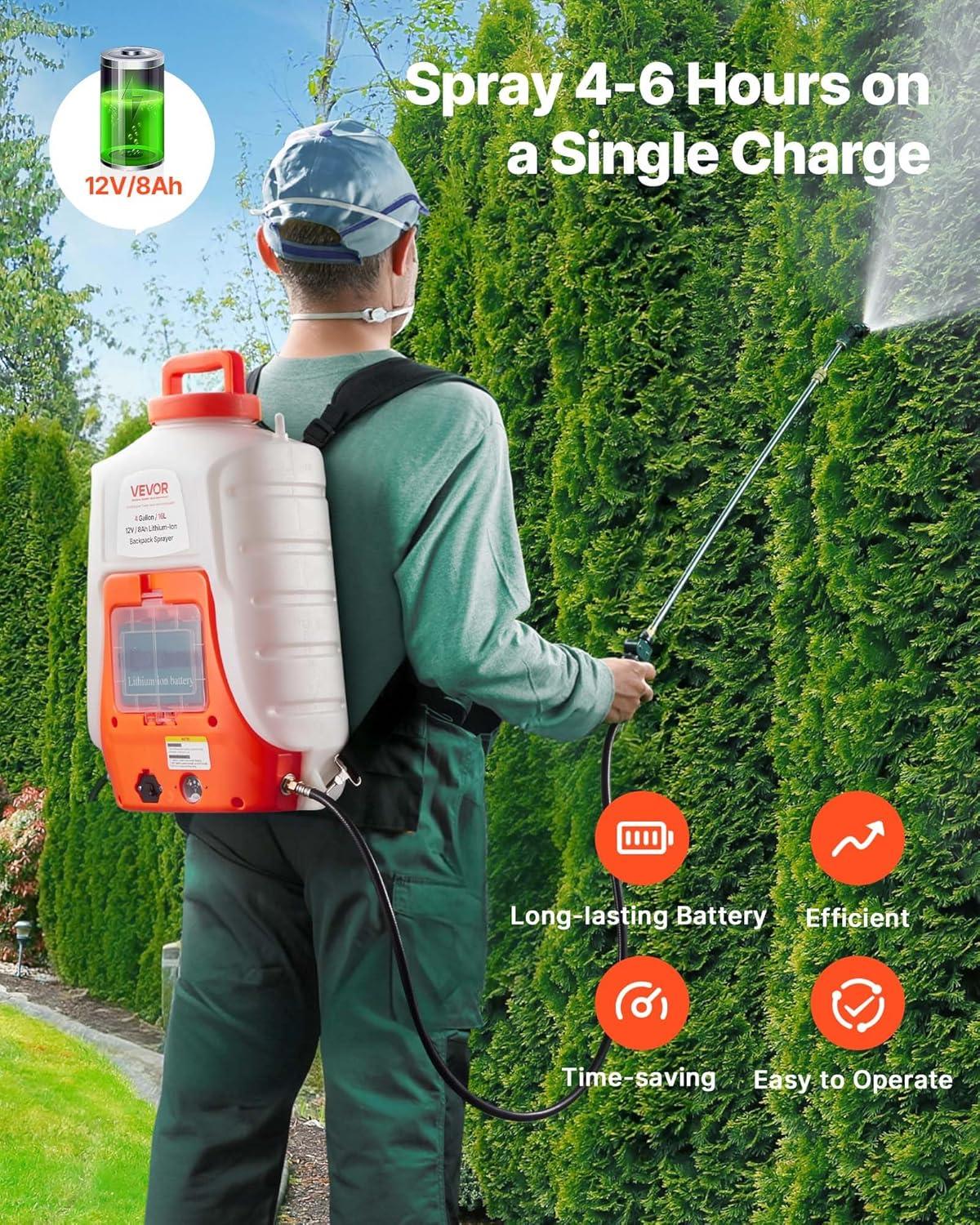 image:imageVEVOR Battery Powered Backpack Sprayer 4 Gallons Electric Lawn Sprayer with 8 Nozzles amp 2 Telescopic Wands 90PSI Adjustable Pressure 46 Hour Runtime Yard Sprayers for Lawn and Garden