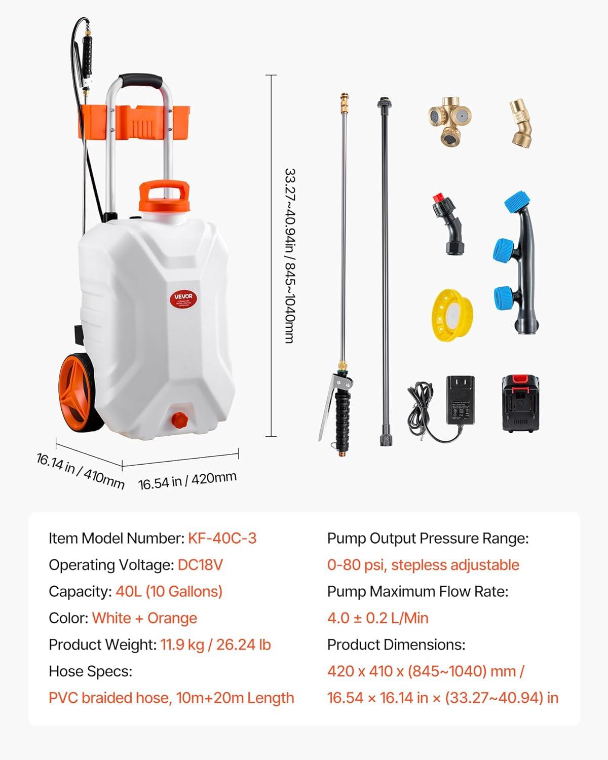 image:imageVEVOR BatteryPowered Sprayer with Wheeled Cart 10 Gallons Electric Weed Sprayer Adjustable 080 PSI Yard Lawn Sprayers with Wheels 5 Nozzles amp 98ft Hose 36H Spray Time for Weeding Cleaning