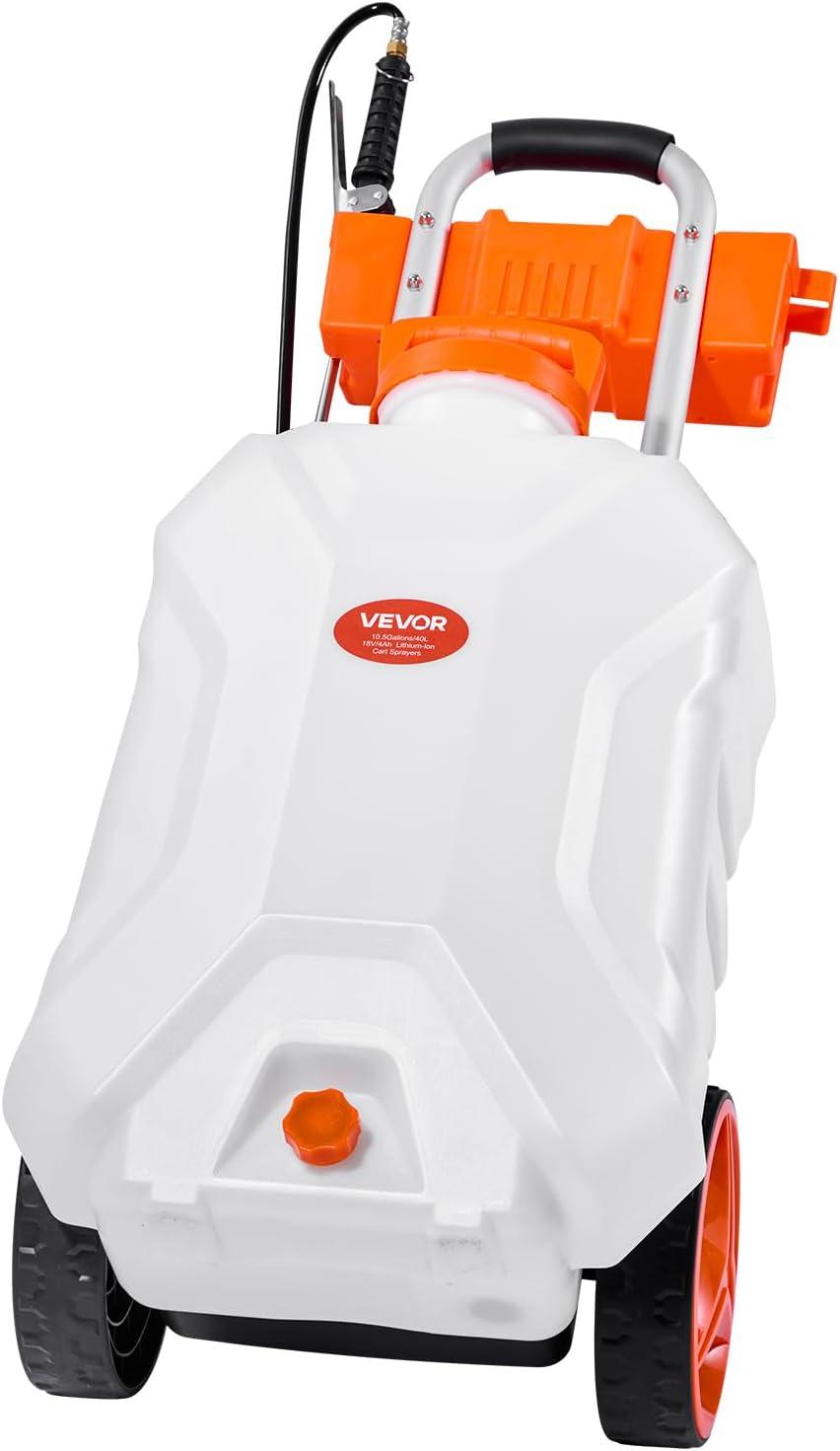 image:imageVEVOR BatteryPowered Sprayer with Wheeled Cart 10 Gallons Electric Weed Sprayer Adjustable 080 PSI Yard Lawn Sprayers with Wheels 5 Nozzles amp 98ft Hose 36H Spray Time for Weeding Cleaning