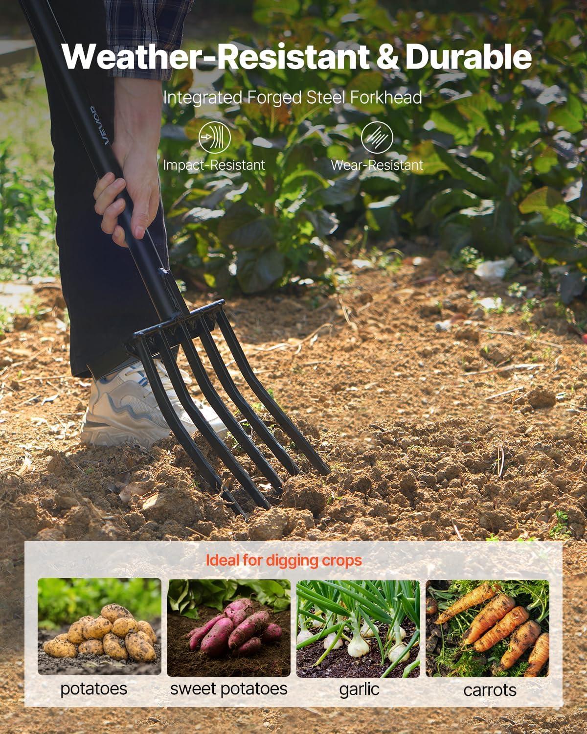 image:imageVEVOR Broad Fork 5Tine Pitchfork with Dual Fiberglass Handles Heavy Duty Garden Fork Ergonomic UShaped Design Broadfork Hand Tiller Gardening Tool for Composting Transplanting Aeration5Tine