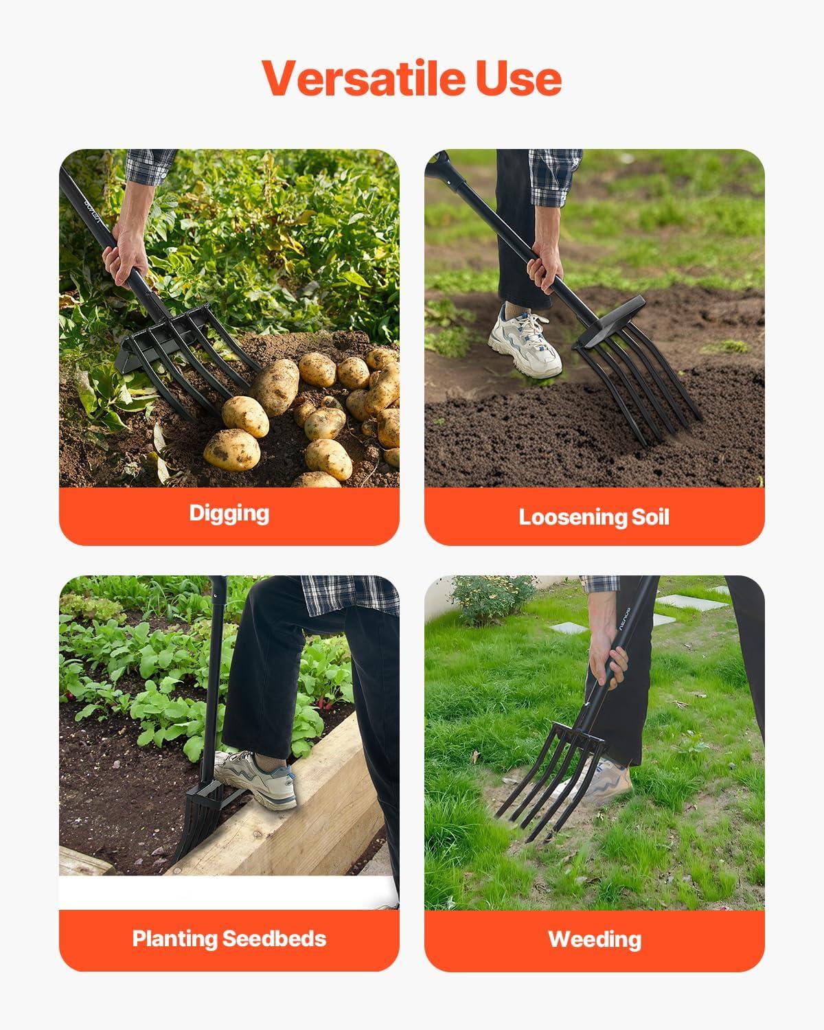 image:imageVEVOR Broad Fork 5Tine Pitchfork with Dual Fiberglass Handles Heavy Duty Garden Fork Ergonomic UShaped Design Broadfork Hand Tiller Gardening Tool for Composting Transplanting Aeration5Tine