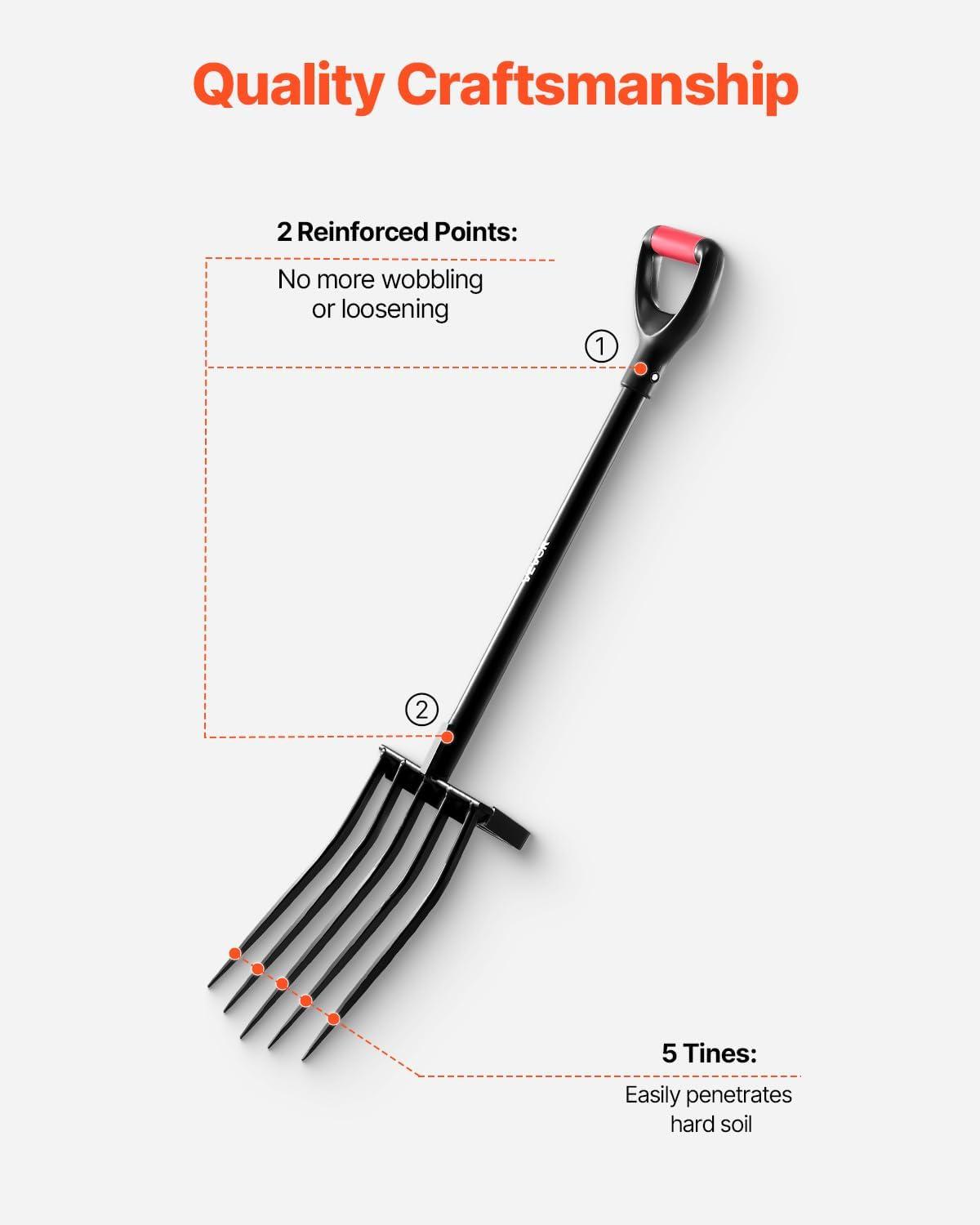 image:imageVEVOR Broad Fork 5Tine Pitchfork with Dual Fiberglass Handles Heavy Duty Garden Fork Ergonomic UShaped Design Broadfork Hand Tiller Gardening Tool for Composting Transplanting Aeration5Tine